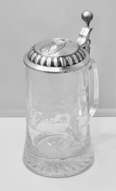 Lidded Etched Beer Stein, DOMEX Germany, Golf Clear Glass, Lidded, Barware NEW!!